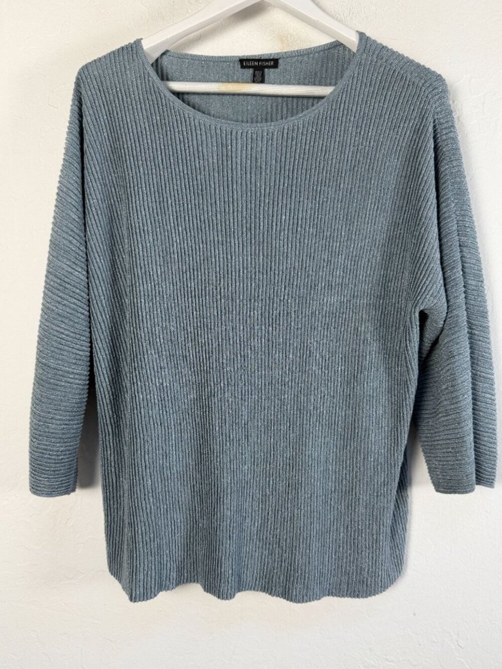 Eileen Fisher Sweater Women's Metallic Ribbed Knit Boat Neck 3/4 Sleeve Top XL